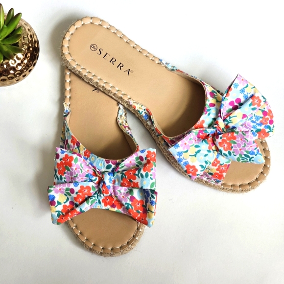 Fashion Serra Women's Sz 9 Colorful Floral Bow Slip On Espadrilles Jute Midsole - Picture 2 of 13